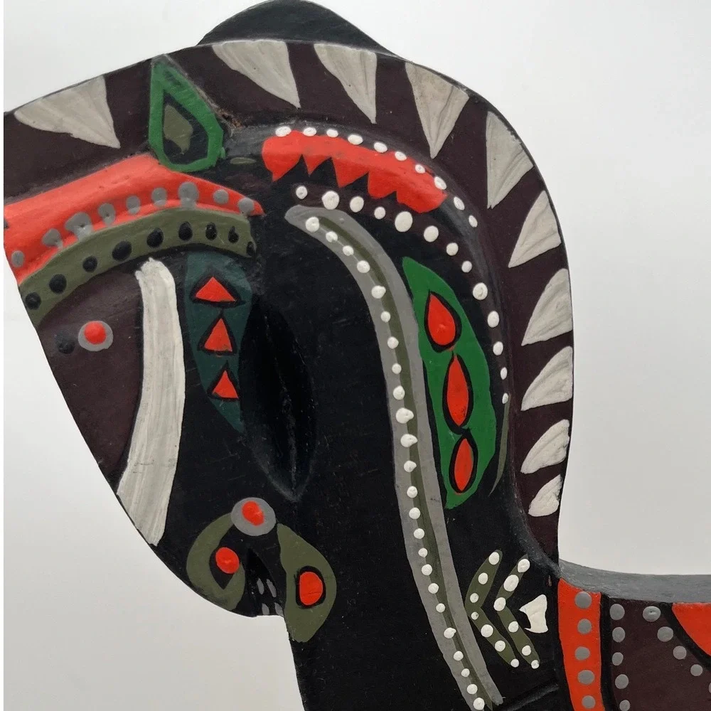 Painted Wooden Horse Folk Art Figurine on Black Pedestal Stand Pier 1
